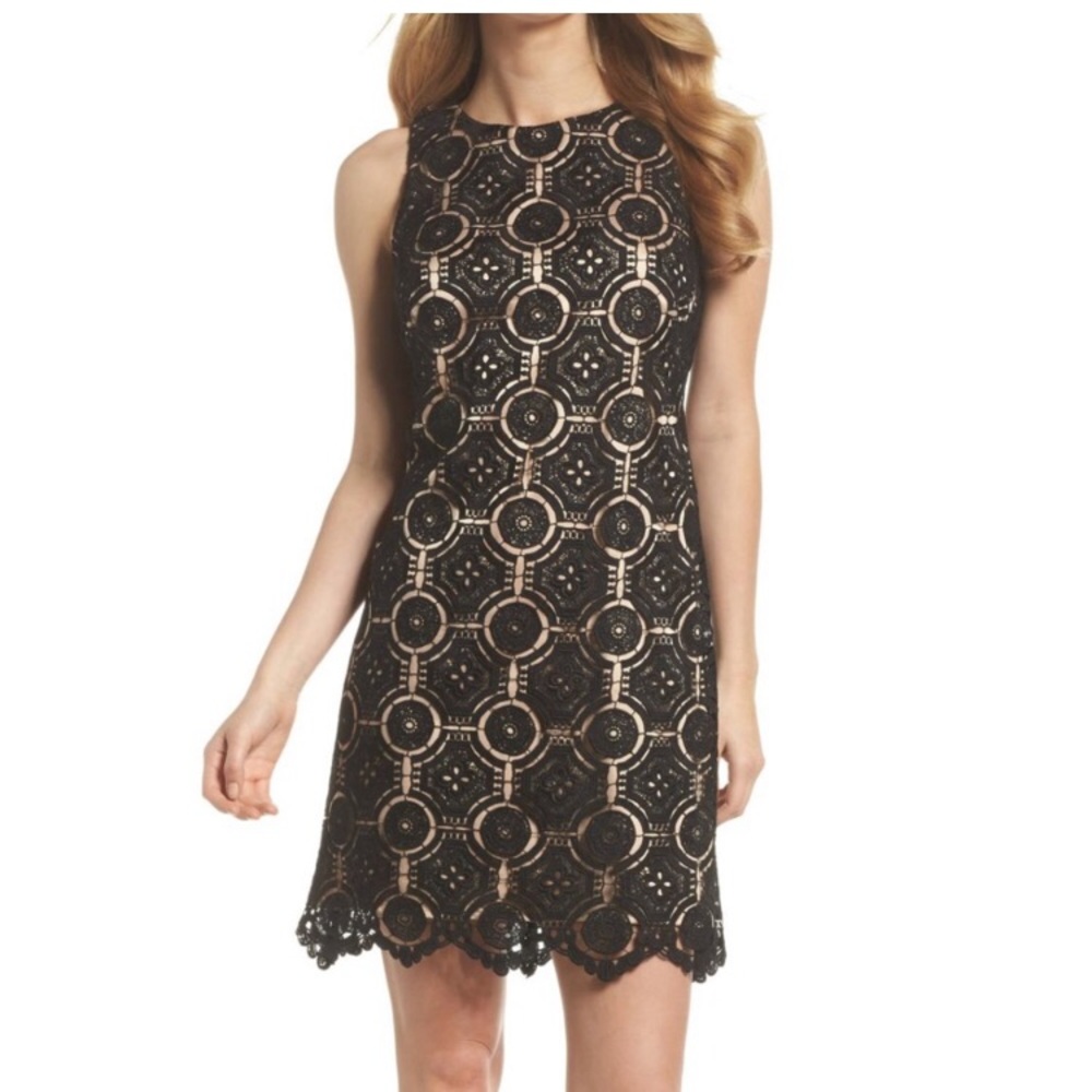 Eliza J Black Lace Scalloped Hem Sleeveless Sheath Shift Dress Sz 2